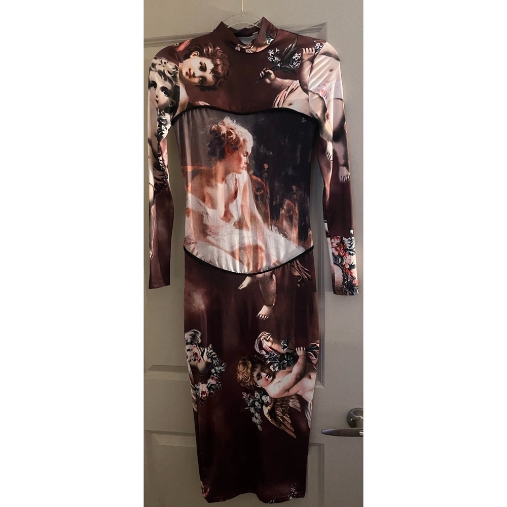 Angel Brown Bodycon Midi Dress Long Sleeve Size S Small